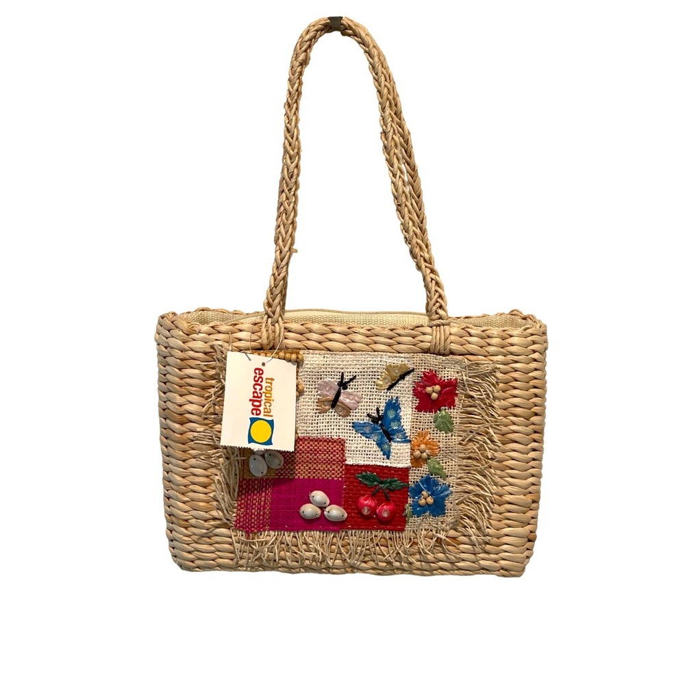 Vintage Sears Tropical Escape Straw Tote Bag Wmns Beige Tropical Shell Butterfly